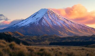 Obraz premium Majestic snow-capped mountain at sunset, scenic landscape.