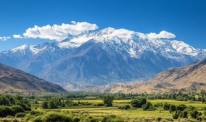 Obraz premium Majestic snow-capped mountain overlooking fertile valley
