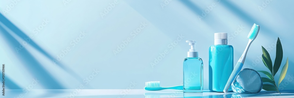 Poster essential dental hygiene items arranged creatively on a light blue backdrop for a fresh and clean lo