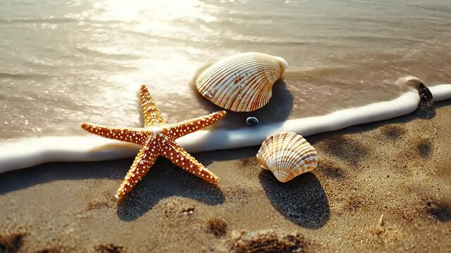 starfish and shells on the beach. Selective focus