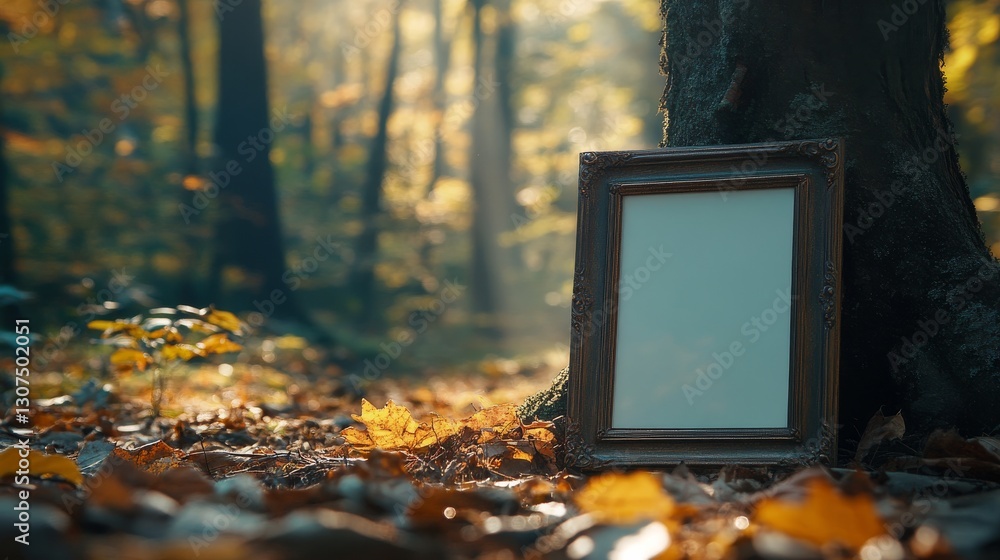 Poster an empty picture frame is placed against a large tree