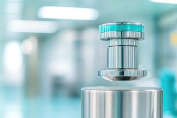 close-up photo of modern medical equipment stainless steel surface gleaming under bright hospital lighting