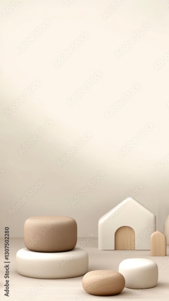 Poster neutral toned minimalist scene with stacked round objects and small wooden house model against a lig