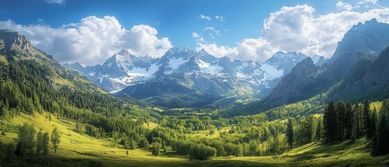 Fototapeta premium Majestic snow-capped peaks overlook a lush valley