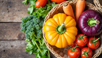 Colorful seasonal produce in woven basket on wooden table, harvest bounty