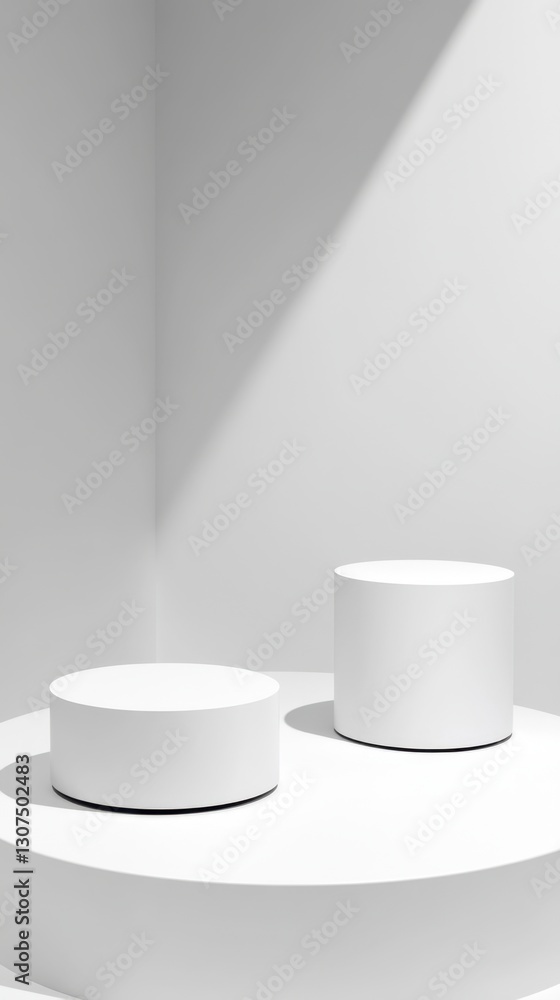 Poster two white cylindrical platforms on a larger white platform, illuminated by a soft, bright light sour