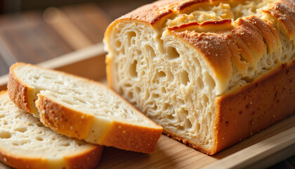 Sliced sourdough loaf showcasing airy crumb structure, delicious baking