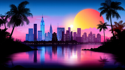Vibrant Cityscape Sunset with Palm Trees and Water Reflection