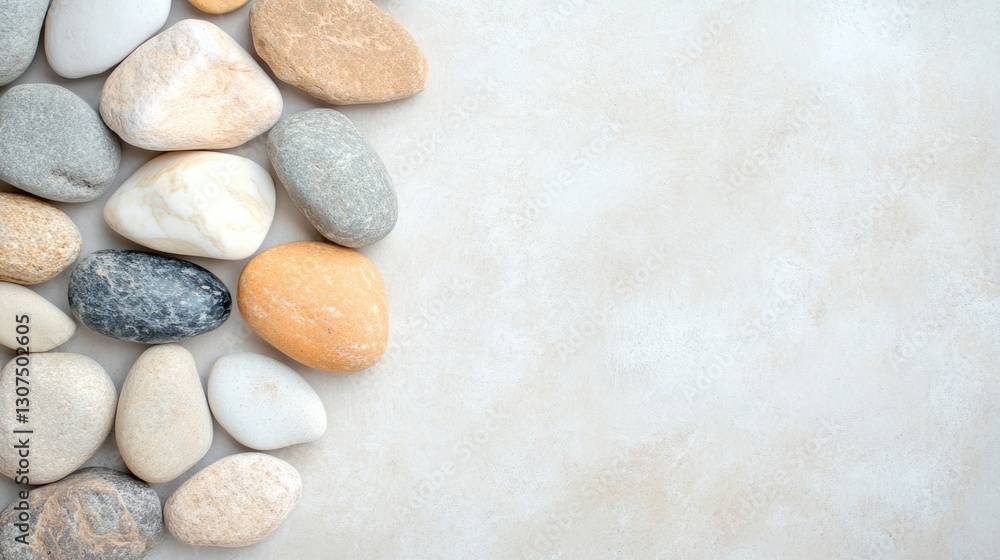 Poster decorative stones in various colors and sizes arranged in abstract geometric pattern on neutral surf