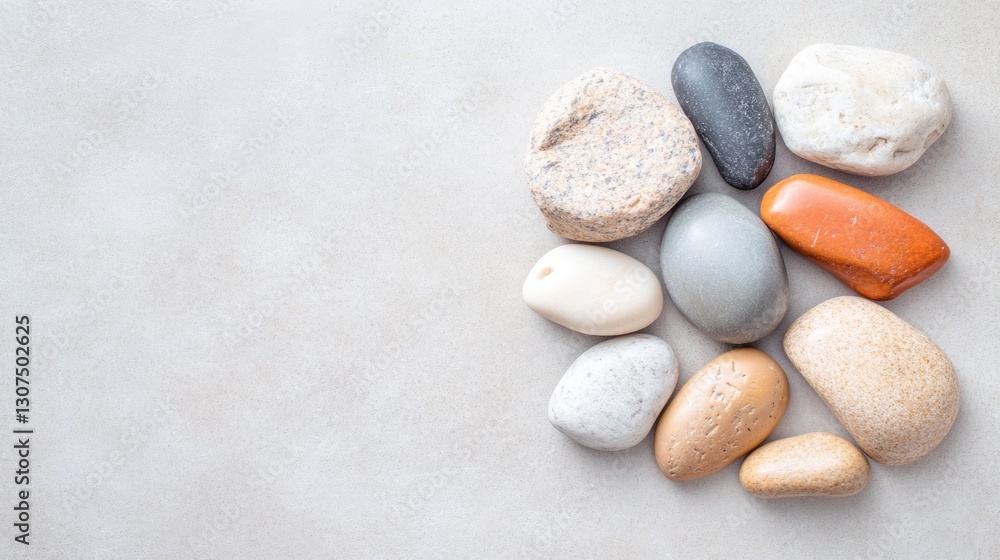 Poster decorative stones in various colors and sizes arranged in abstract geometric pattern on neutral surf