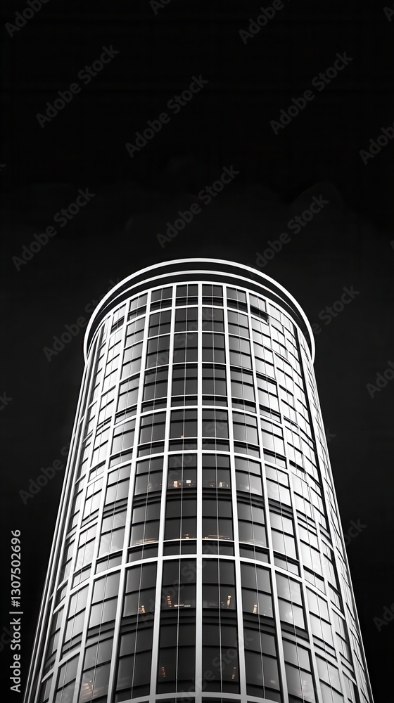 Poster low angle view of a modern cylindrical building at night, illuminated windows creating a grid patter