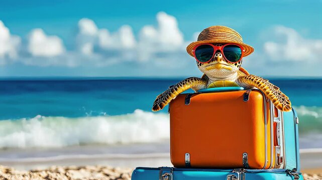 Turtle on the background of the sea with a suitcase. Selective focus