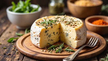 Gourmet cheese wheel covered in herbs on rustic table, culinary delight