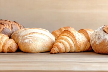 freshly baked bread and assorted pastries on rustic wooden table