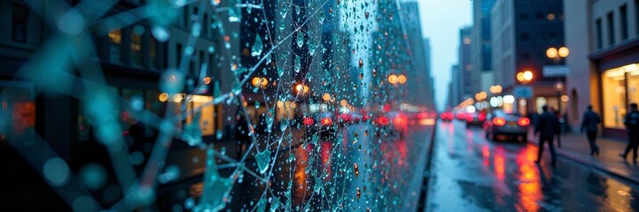 Rainy cityscape with reflections and blurred pedestrians creating vibrant urban atmosphere.