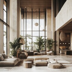 Spacious, modern, minimalist lobby with large windows overlooking a tropical landscape.  Natural light floods the open-plan area featuring comfortable seating, warm wood tones, and lush greenery.