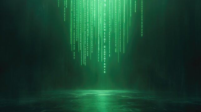 floating binary code streams forming digital rain effect glowing in bright green against dark background