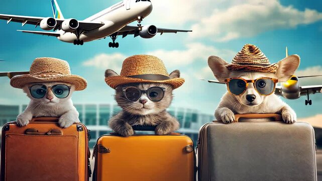 animals with suitcases on the background of the airplane. Selective focus