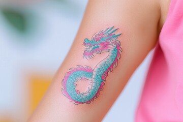 intricate close-up of colorful dragon tattoo on person forearm emphasizing vibrant scales curves and artistic details