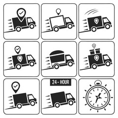 Black Silhouette Fast Delivery Truck Icons Set – Express Shipping, Courier Service, Logistics, 24-Hour Freight, and Transportation Symbols
