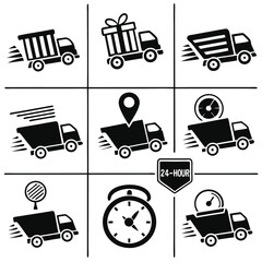 Black Silhouette Fast Delivery Truck Icons Set – Express Shipping, Courier Service, Logistics, 24-Hour Freight, and Transportation Symbols
