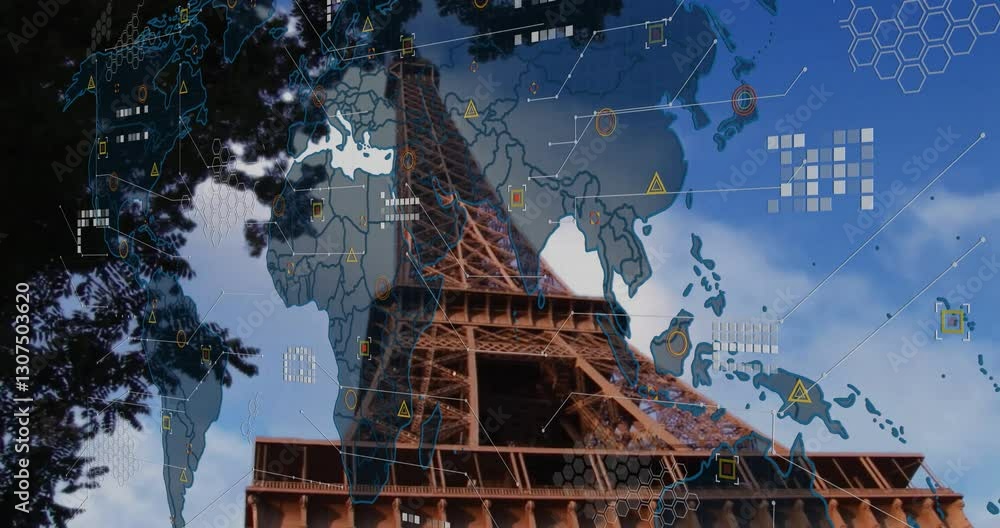 Poster eiffel tower with digital world map and data processing animation overlay