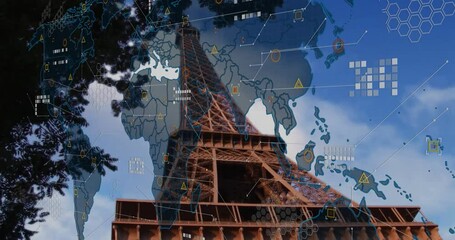 Eiffel Tower with digital world map and data processing animation overlay - Powered by Adobe