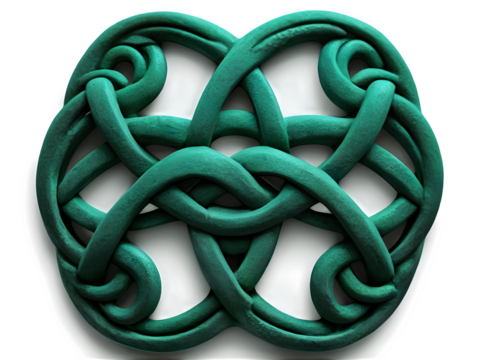 An intricate Celtic knot design in various shades of green, symbolizing Irish culture and eternity, displayed on a white backdrop.

