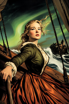 Girl on a ship during a storm with a determined expression, perfect for a book cover