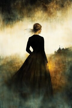 Stylish lady with a mysterious aura standing against a dramatic artistic background with copy space