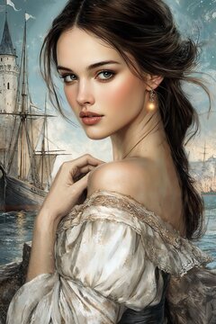 Illustration of a girl with a charming expression near a vintage ship background with copy space