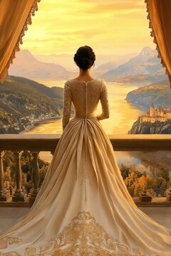 Lady on a balcony with a contemplative mood overlooking a stunning landscape view with copy space