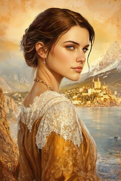 Book character girl with a captivating expression standing by a scenic river background with copy space