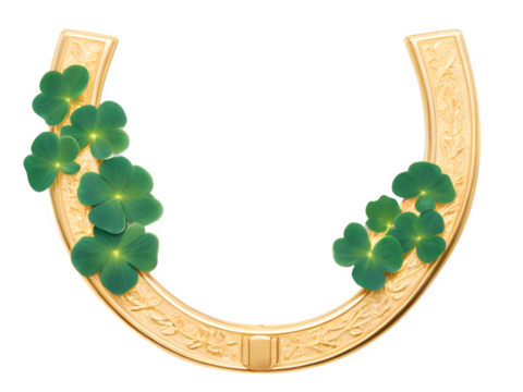 A shiny golden horseshoe surrounded by lush green shamrocks on a clean white surface, representing fortune and prosperity.
