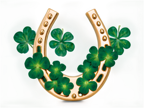 A shiny golden horseshoe surrounded by lush green shamrocks on a clean white surface, representing fortune and prosperity.
 - Powered by Adobe