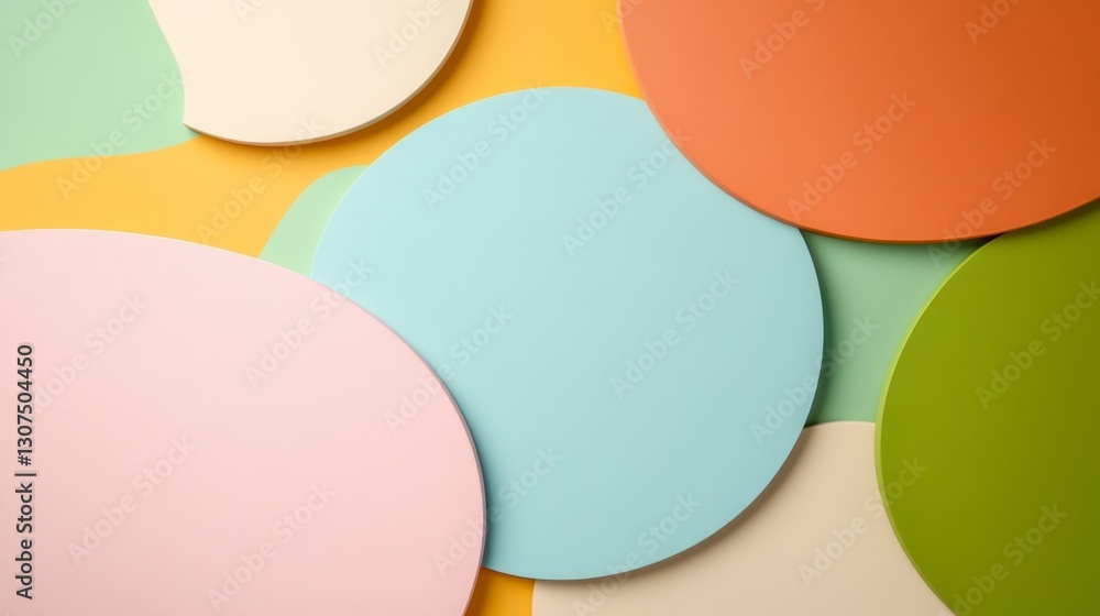 Poster abstract pastel colored circles overlap on a yellow background creating a playful and vibrant compos
