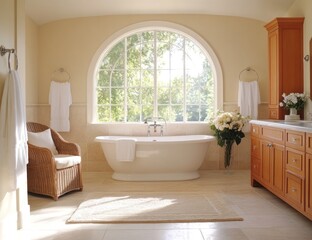 Fototapeta premium Spacious, sun-drenched bathroom with a large arched window, soaking tub, and light-colored cabinets.