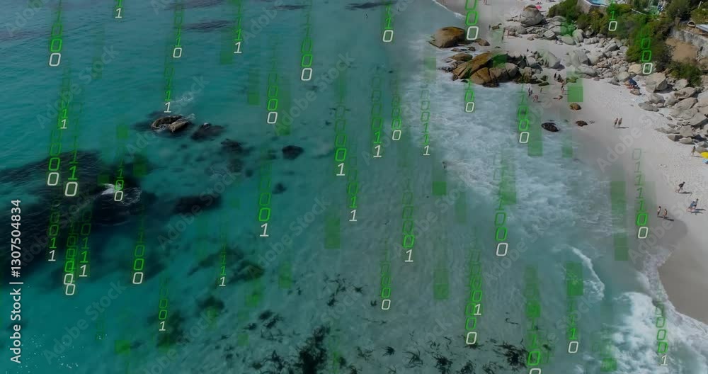 Poster binary code animation over aerial view of beach and ocean waves