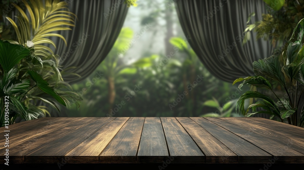 Poster sunlight filters through lush foliage, creating a serene atmosphere in a tropical garden. an empty w
