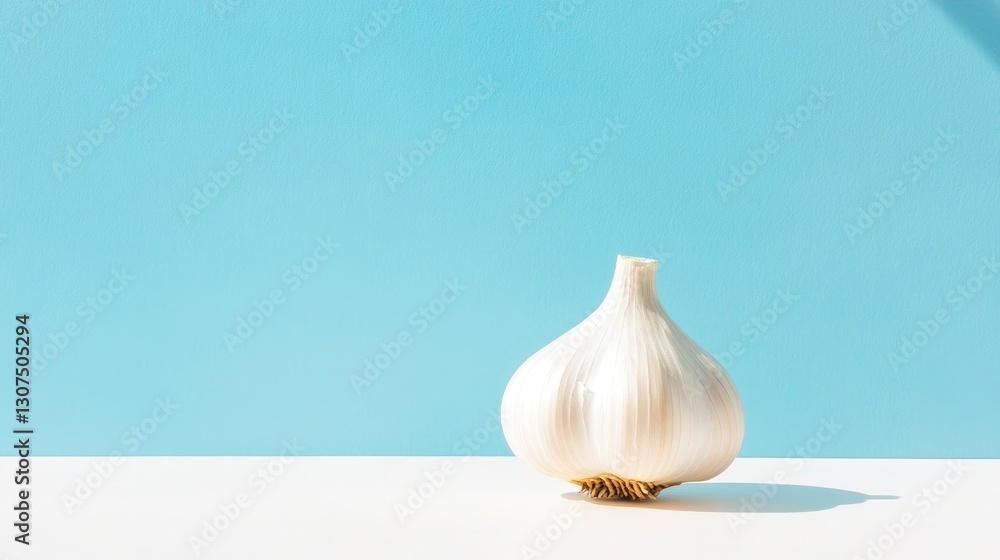 Poster bold shot of garlic bulb resting on clean white surface surrounded by soft reflections and generous 