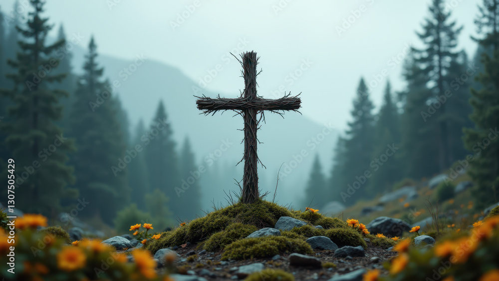 Poster cross in a forest with foggy background.