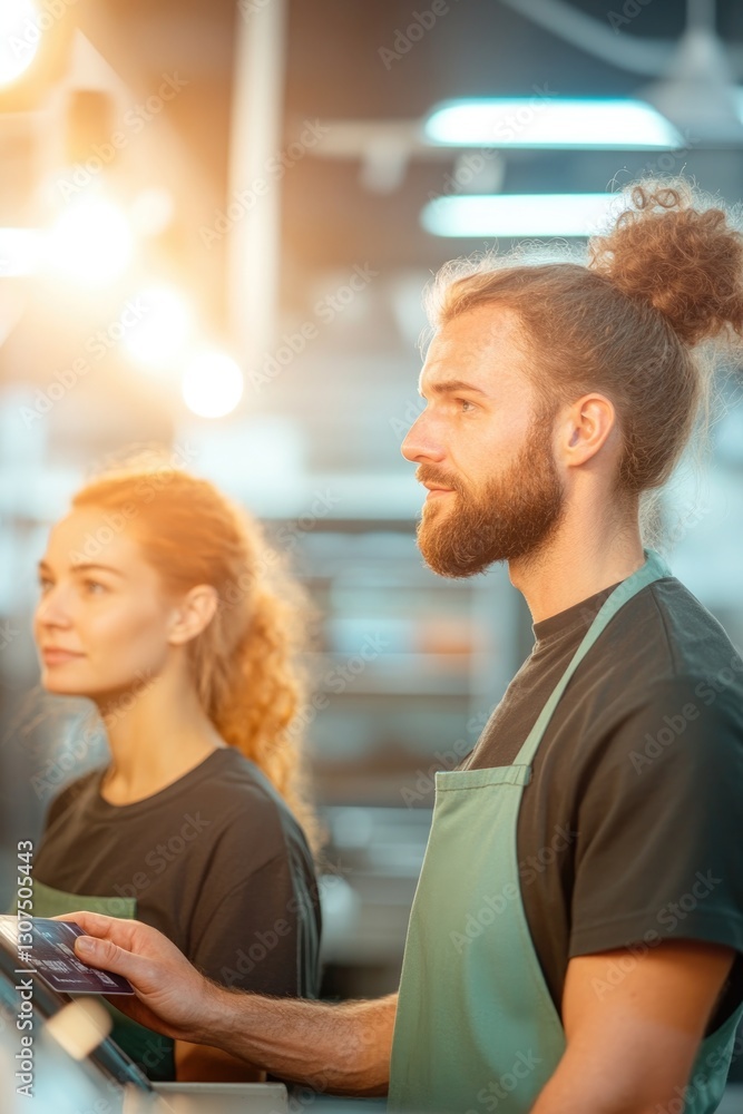 Poster cashier in store uniform assisting customer with payment at register with minimalistic counter setup