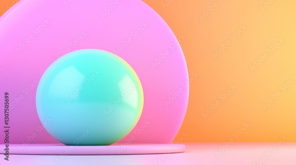 Poster pastel colored sphere rests on a small platform against a backdrop of pink and orange gradient shape