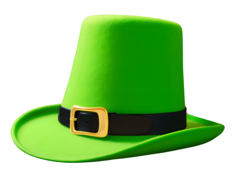 A classic leprechaun’s hat in bright green felt, featuring a golden buckle and a black belt, isolated on a white background.
