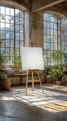 Blank artist canvas in bright loft studio with large windows and greenery