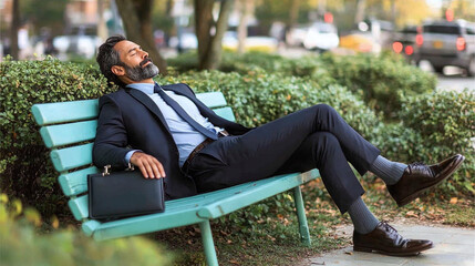 Obraz premium Burned out business professional resting on bench after stressful day