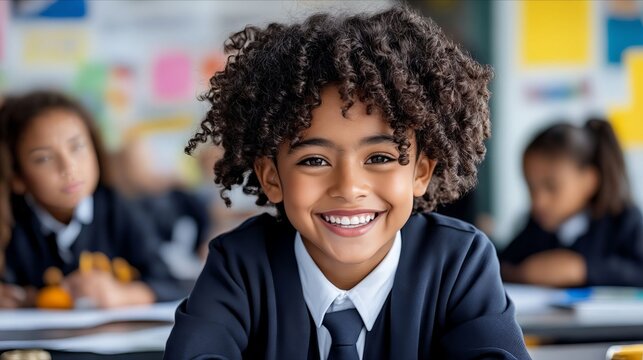 A young boy in a school uniform smiles at the camera