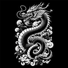 Chinese dragon floating among clouds, amazing asian dragon flying on clouds
