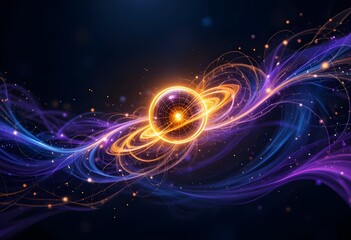Obraz premium Abstract Network Sphere with Glowing Orbits and Flowing Lines, Digital Visualization