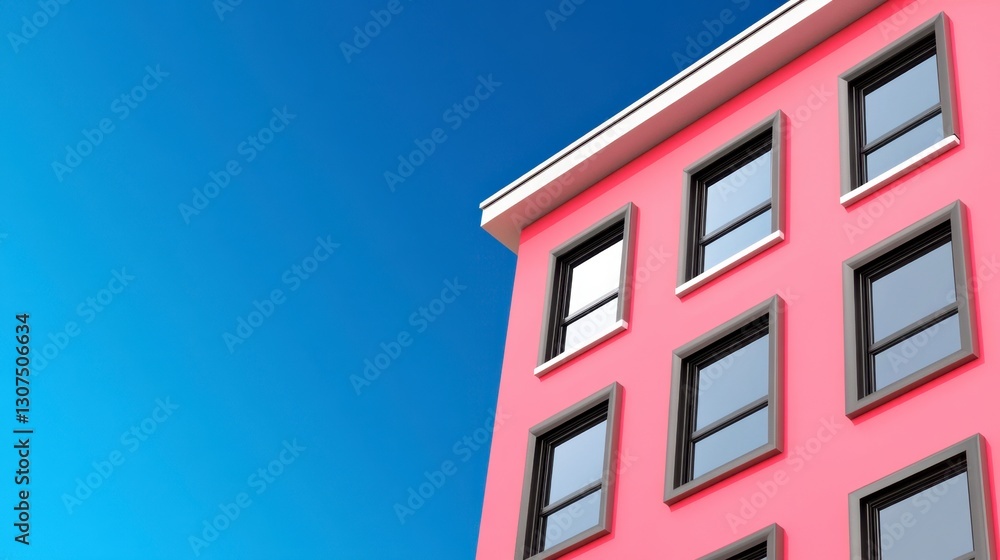Poster low angle view of a pink building against a clear blue sky. the building has multiple windows and a 